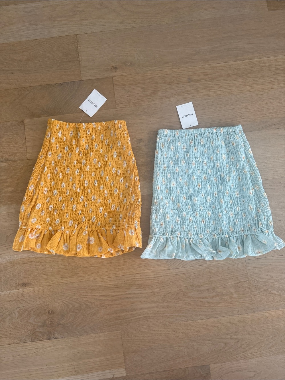 Zara Yellow & Light Blue Smocked Mini Skirts with Ruffle Hem